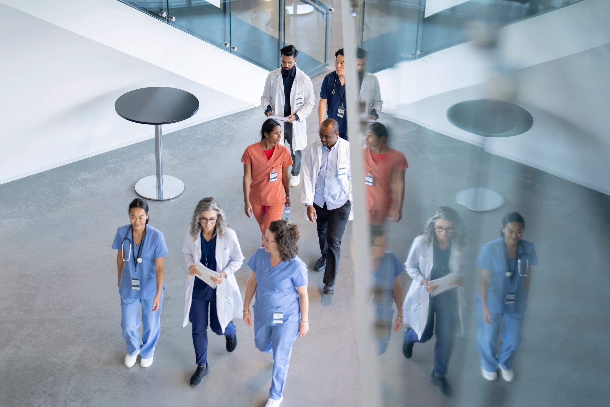 Healthcare team in hospital corridor