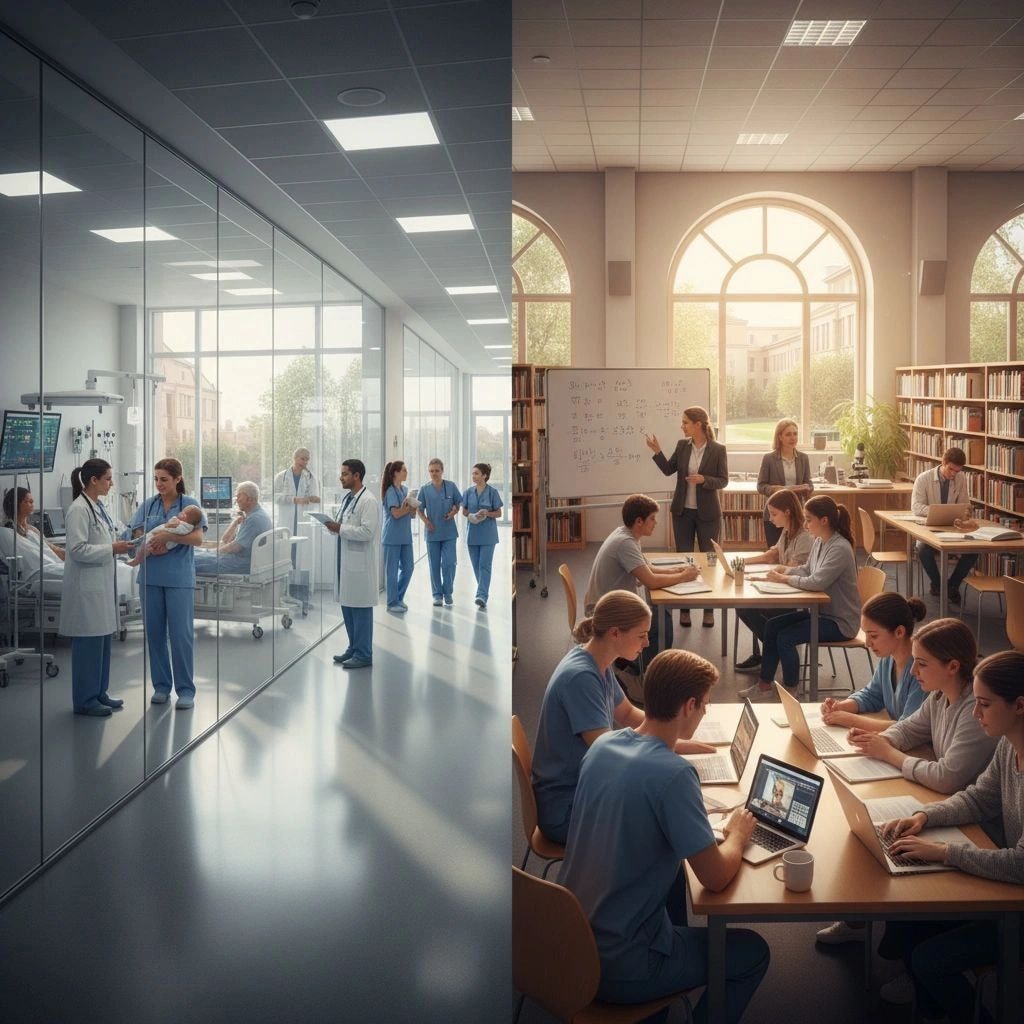 Split scene: healthcare medical and education library environments